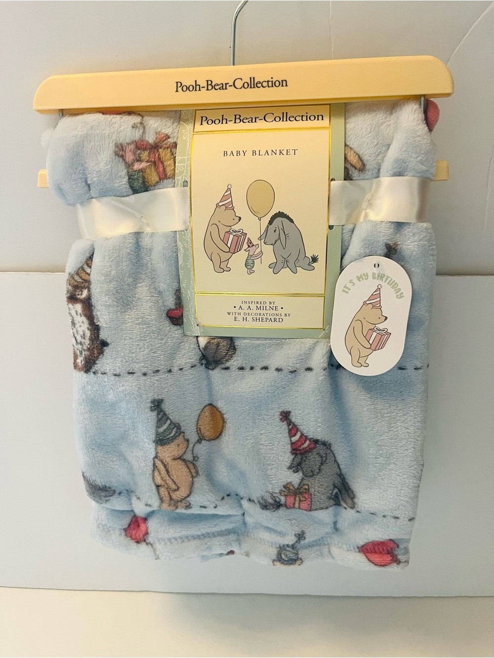 Winnie the Pooh Bear Collection Blue Baby Blanket It's My Birthday Rabbit Owl